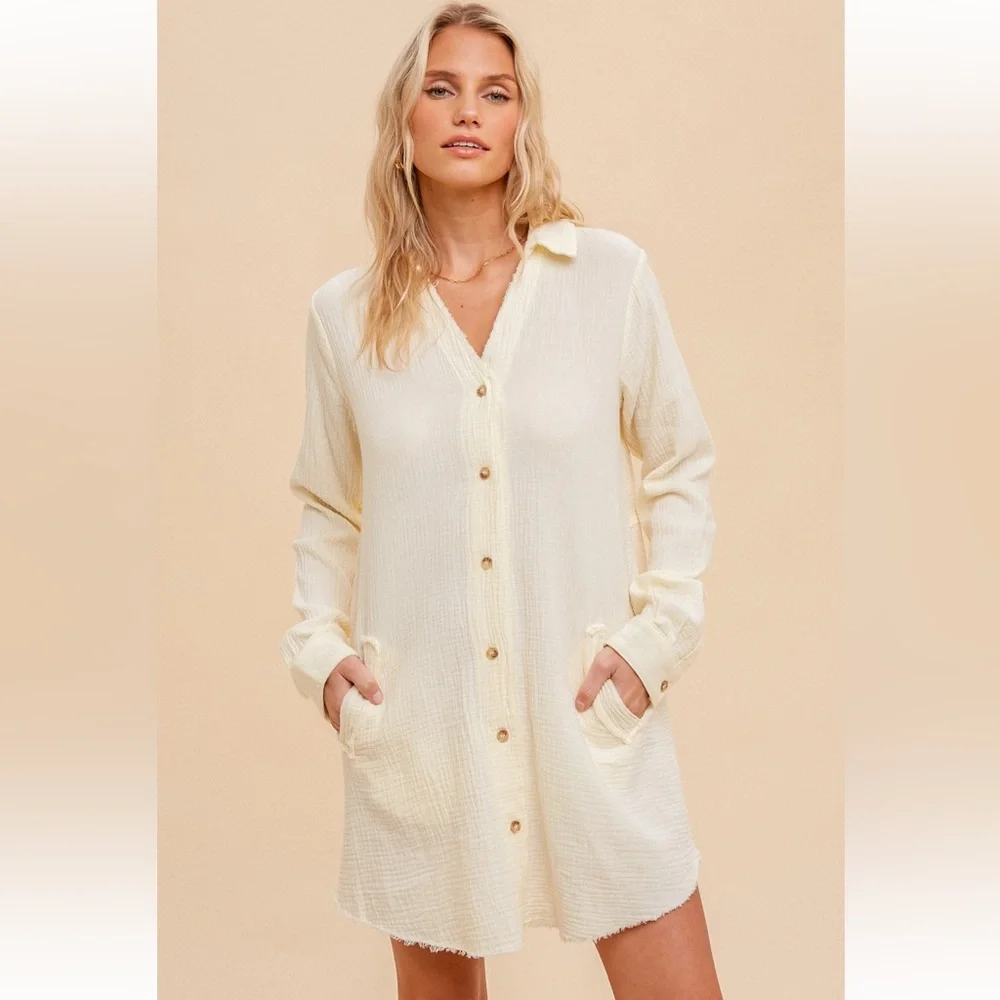169. Cotton Dress Washed Textured Gauze Tunic Dress Cream/Pale Yellow NEW - Picture 6 of 6